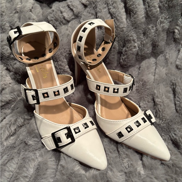 Elegant White Studded Women's Heels - Picture 1 of 9